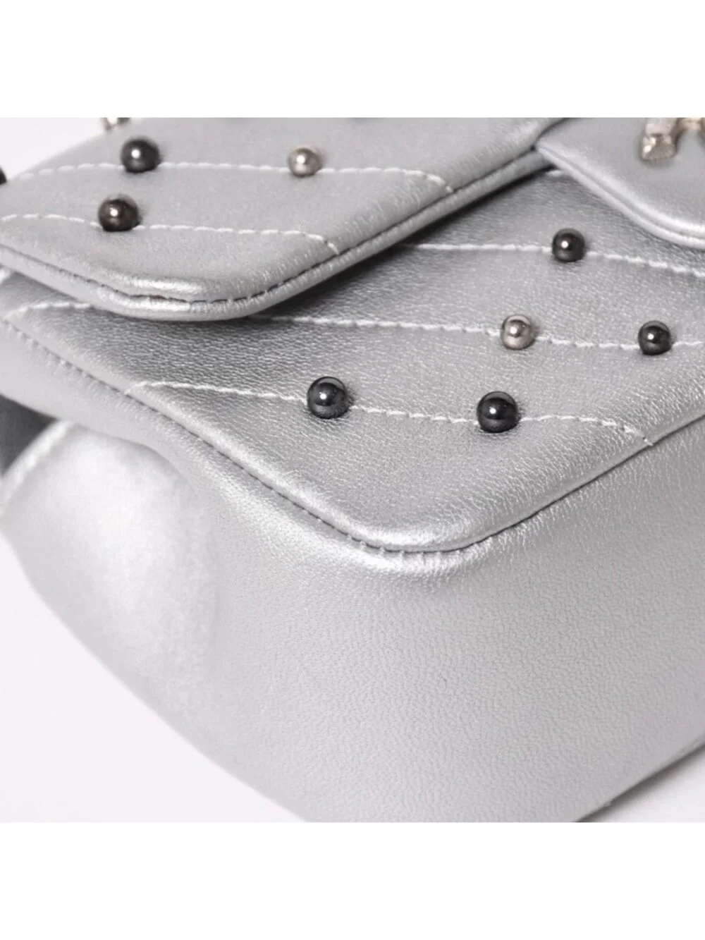 Chanel Chevron Stud Wars Chain Shoulder Bag CC Logo Calfskin Silver